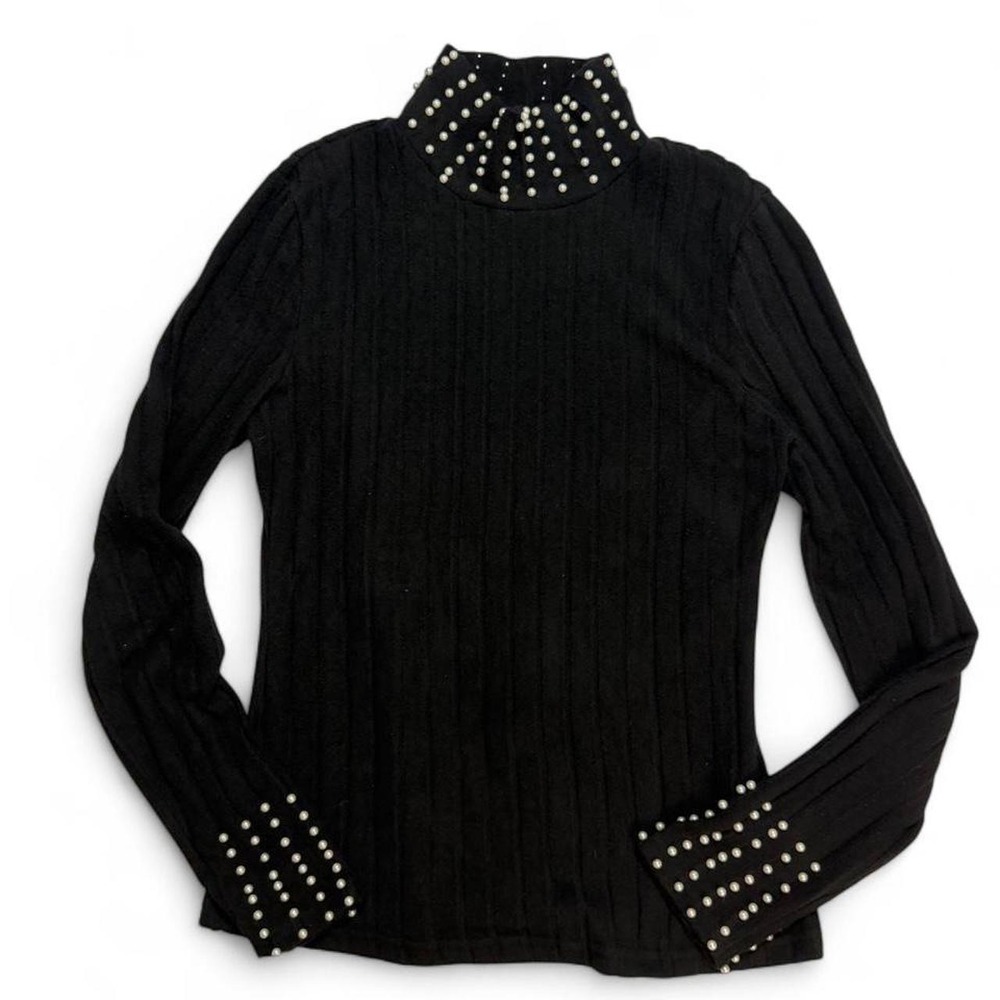 Dark Coquette Ribbed Mock Neck Pearl Embellished Long Sleeve Top Black